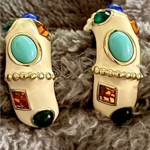 Fabulous Kenneth J Lane enamel and colored gemstone clip-on earrings
